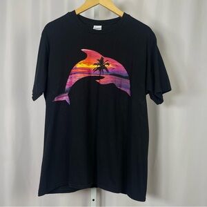 Port & Company Large Dolphin Sunset Beach Graphic Print Tee Shirt Hawaiian